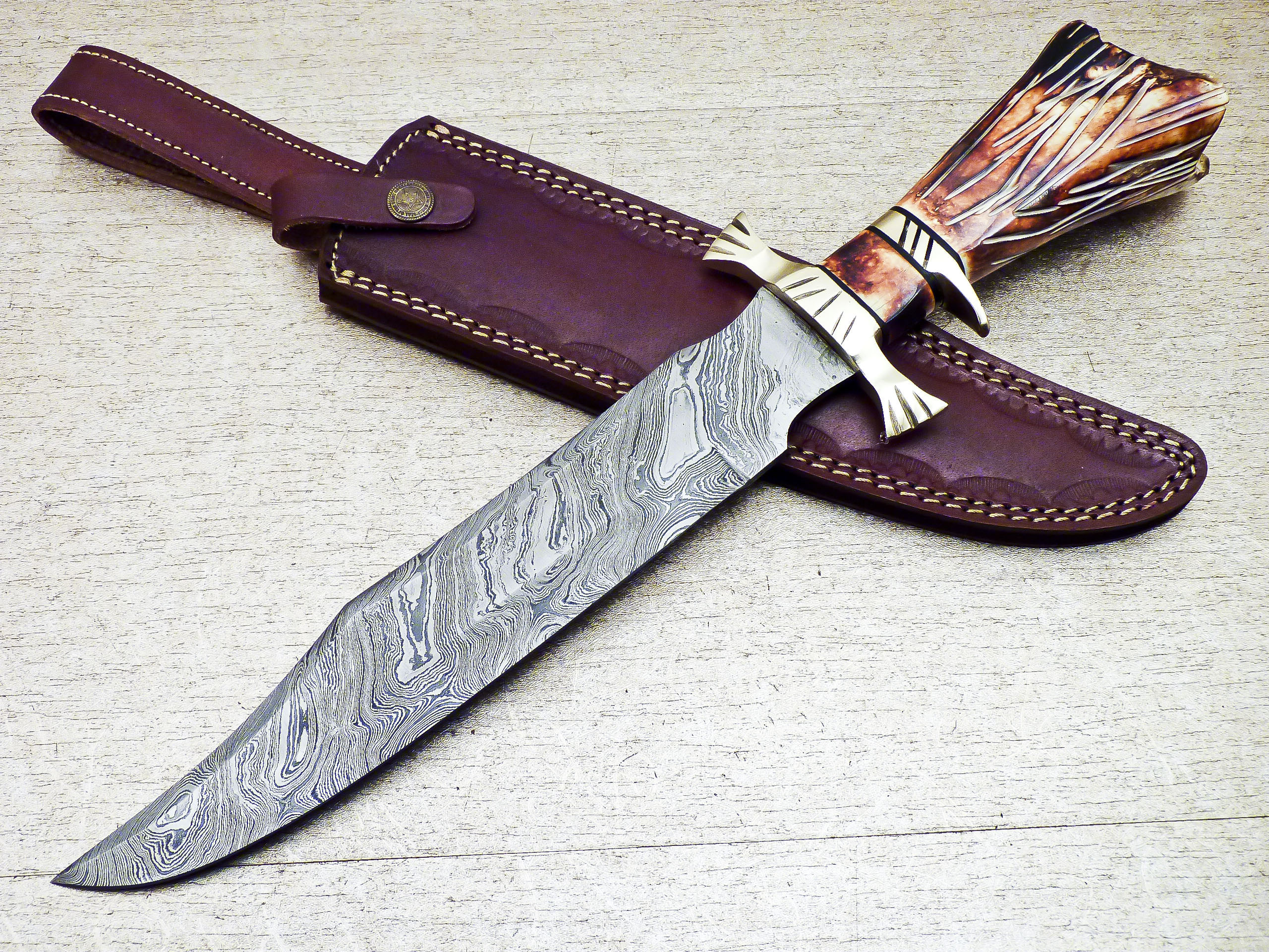 Damascus Steel Custom Handmade Hunting Bowie Knife 13" - Tophatter's Army Products & Self Defense Collectible Weapons - Tophatter Daily Deals